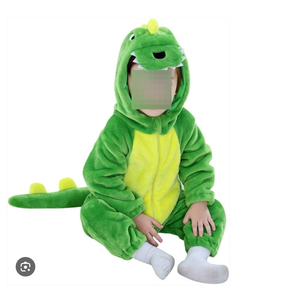Kids Green Dinosaur Dragon Costume Plush Hooded Jumpsuit Playsuit Sz 3-6 months